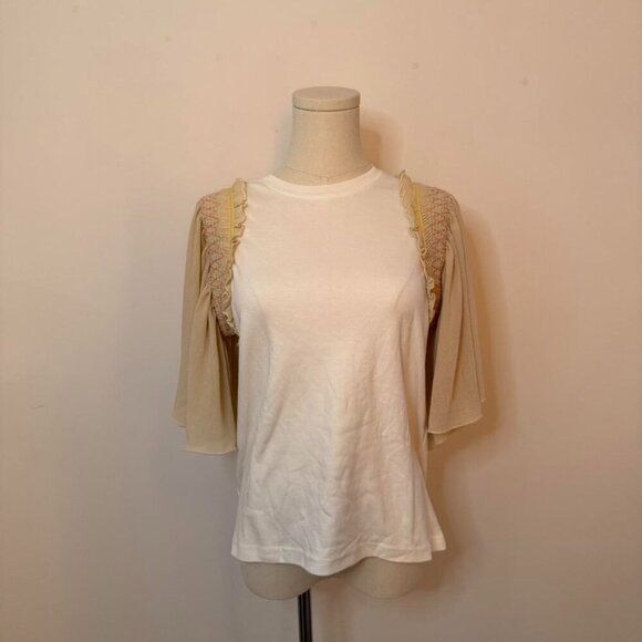 Cream And Tan Ruffle Sleeve Shirt - Picture 1 of 5